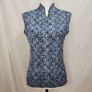 Vintage Casual Corner Annex Floral Blue Black Mandarin Crinkle Top 90s Y2K Large